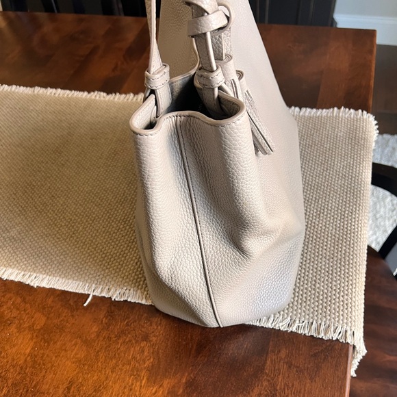 Tory Burch Pebbled Leather Tassel Tote in Light Taupe - Picture 3 of 9
